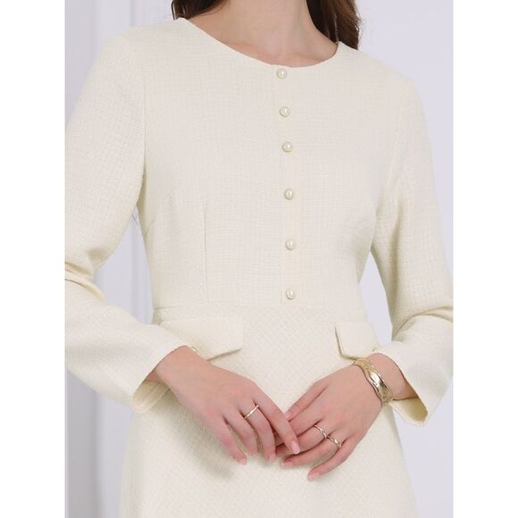 A-Line Tweed Long Sleeve Vintage Work Flare Dresses White - Picture 4 of 6